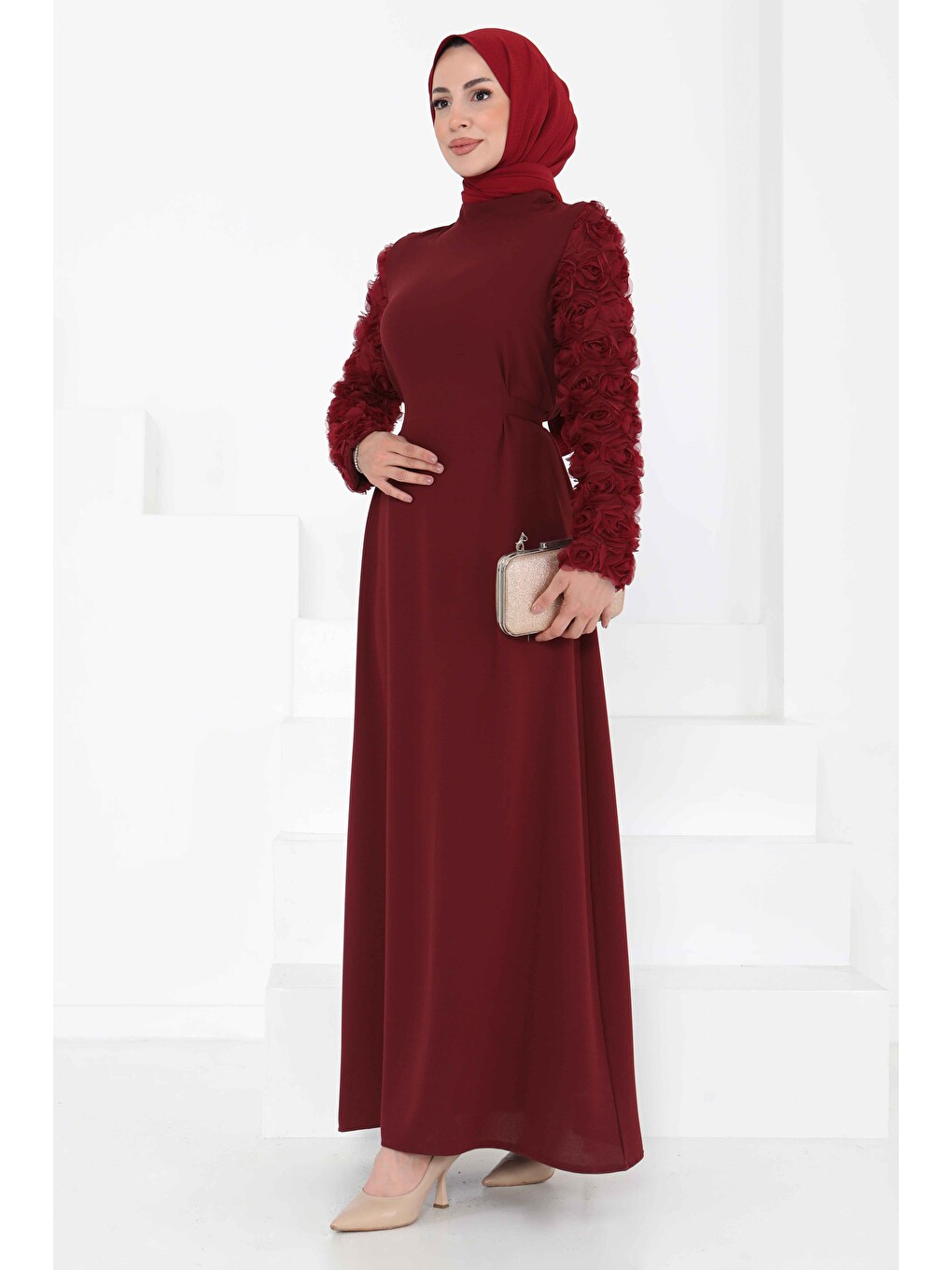 Kolu Güllü Elbise Bordo - 27185-4