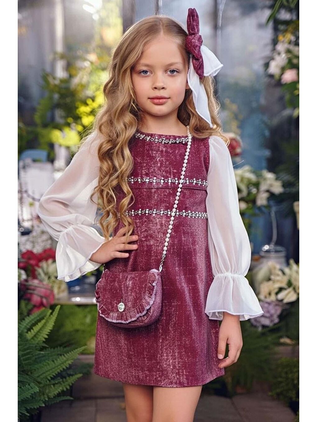 Kız Çocuk Üzeri Yatay Taş Şerit İşlemeli Kolları Tül Kumaş Detaylı Bordo Jean Elbise-1