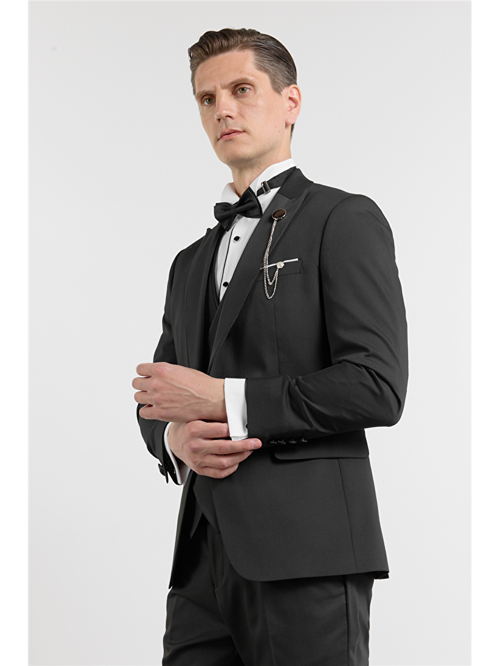 Siyah Kılıç Yaka Düz Desen 6 Drop Slim Fit Esnek Yelekli Takım Elbise 1001260293-2