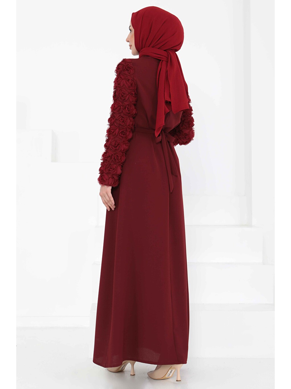 Kolu Güllü Elbise Bordo - 27185-6