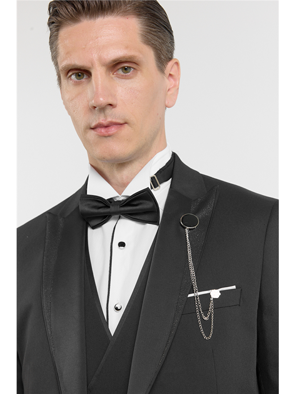 Siyah Kılıç Yaka Düz Desen 6 Drop Slim Fit Esnek Yelekli Takım Elbise 1001260293-3