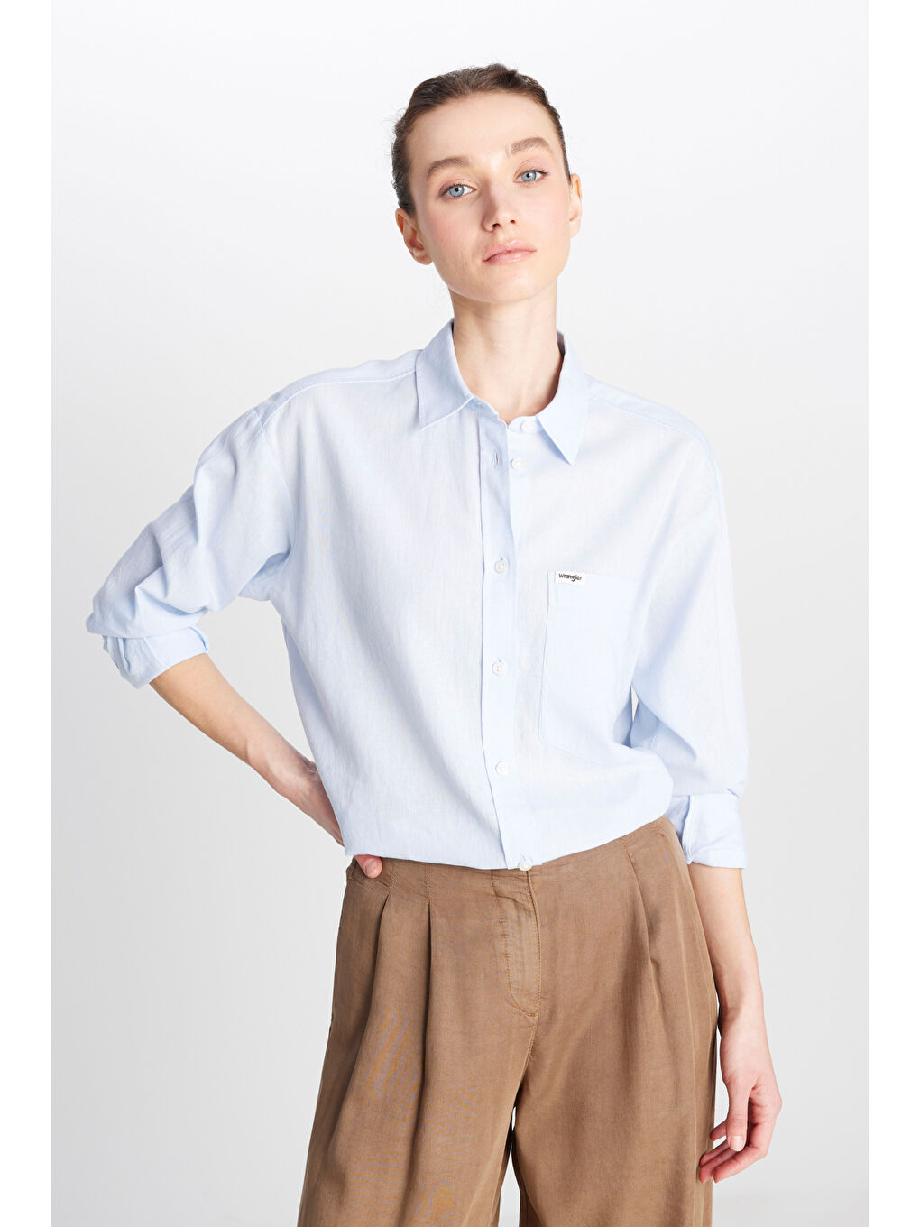 Yeşil Relaxed Fit Geniş Kesim Uzun Kollu Keten Karışımlı Mavi Gömlek-1