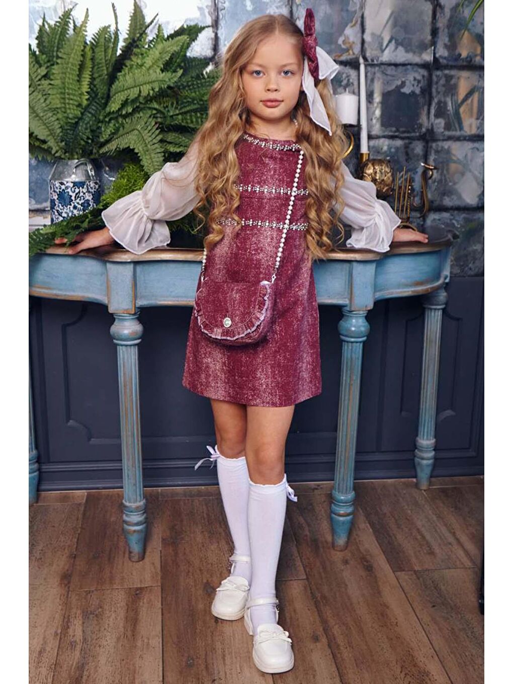 Kız Çocuk Üzeri Yatay Taş Şerit İşlemeli Kolları Tül Kumaş Detaylı Bordo Jean Elbise-2