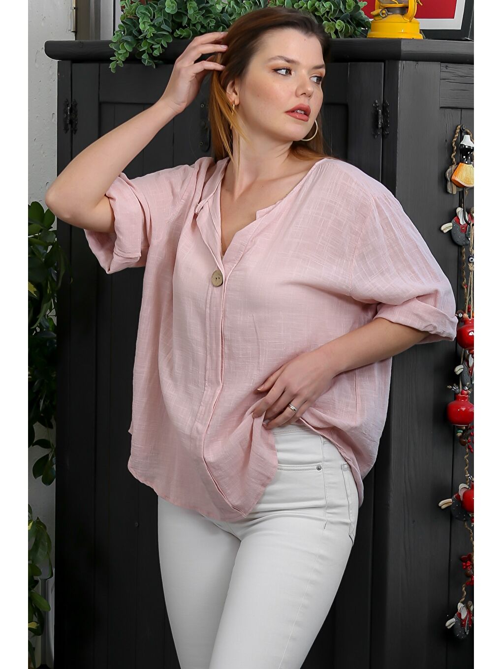 İtalyan Pembe Patlı Yaka 3/4 Kol Düğmeli Casual Keten Karışımlı Dokuma Bluz