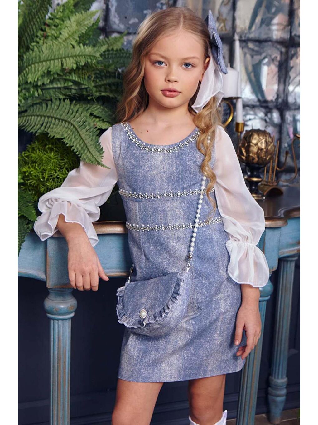 Kız Çocuk Üzeri Yatay Taş Şerit İşlemeli Kolları Tül Kumaş Detaylı Mavi Jean Elbise-2