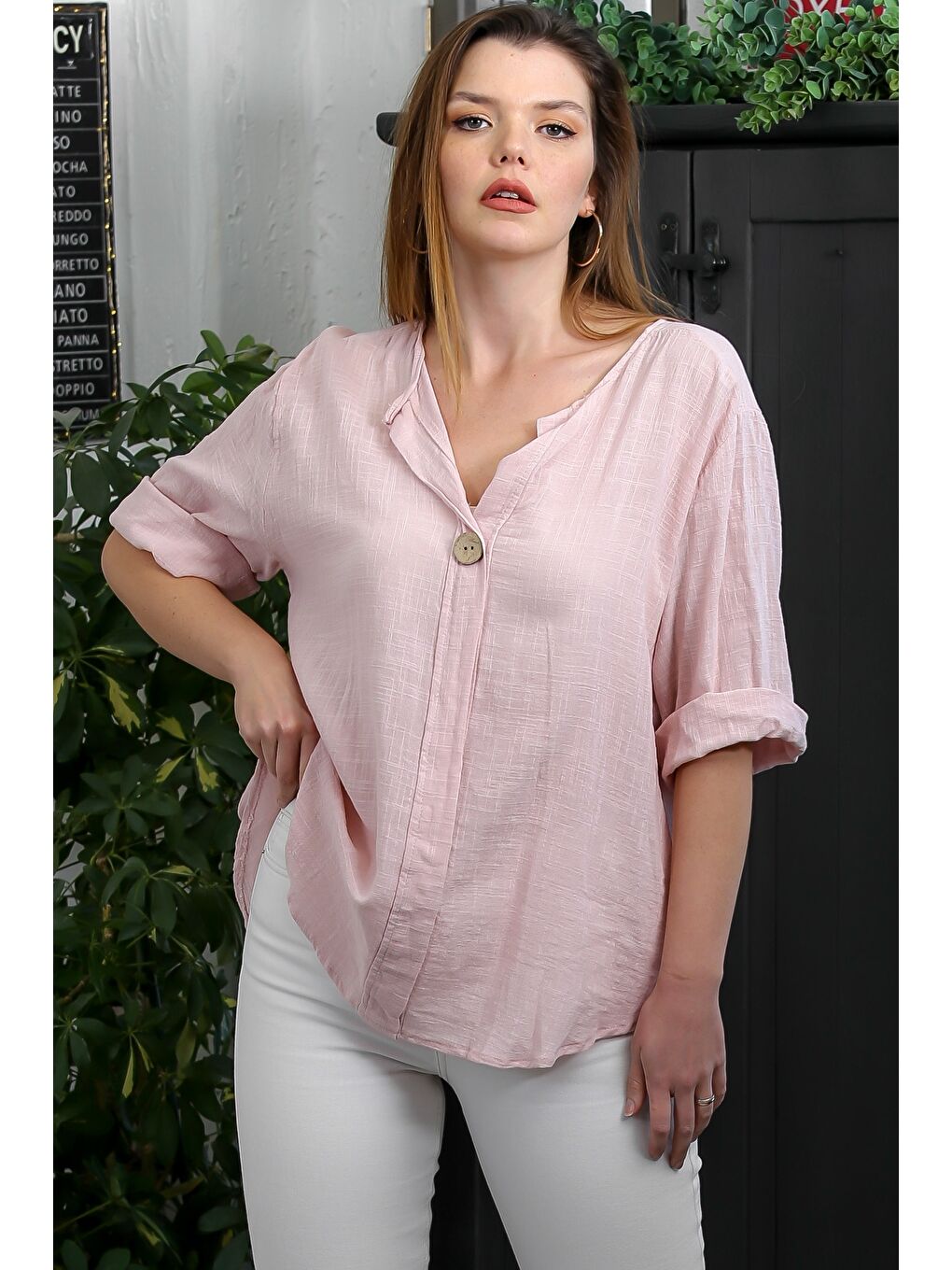 İtalyan Pembe Patlı Yaka 3/4 Kol Düğmeli Casual Keten Karışımlı Dokuma Bluz-1