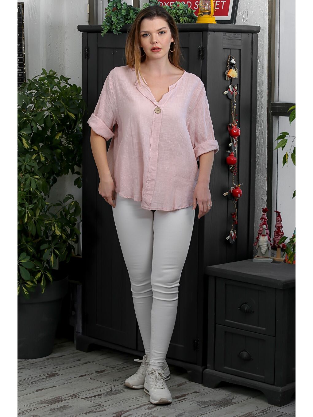 İtalyan Pembe Patlı Yaka 3/4 Kol Düğmeli Casual Keten Karışımlı Dokuma Bluz-4