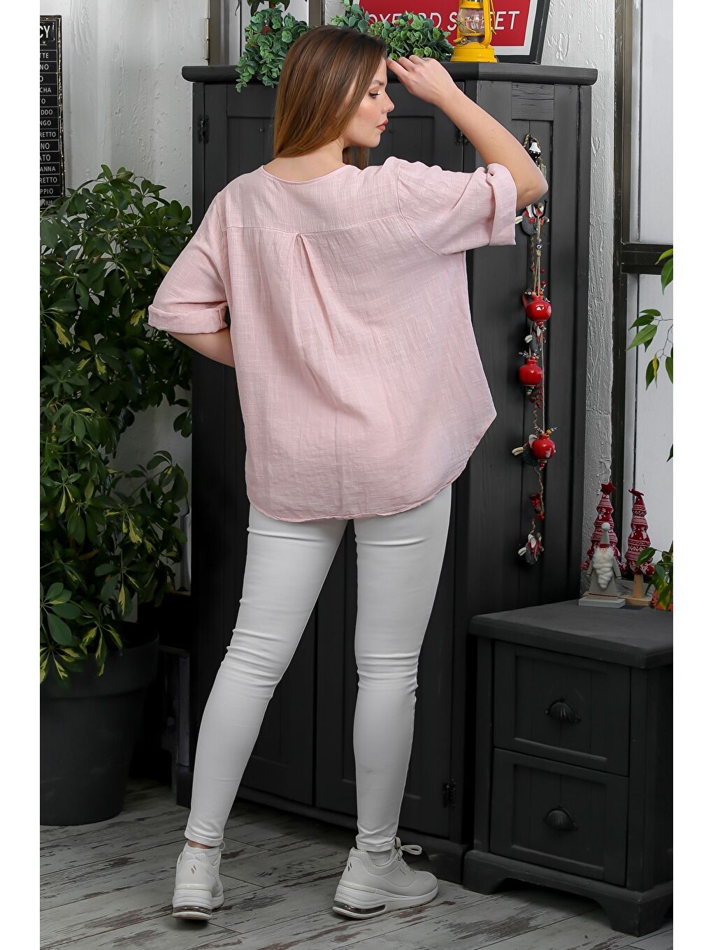 İtalyan Pembe Patlı Yaka 3/4 Kol Düğmeli Casual Keten Karışımlı Dokuma Bluz-6