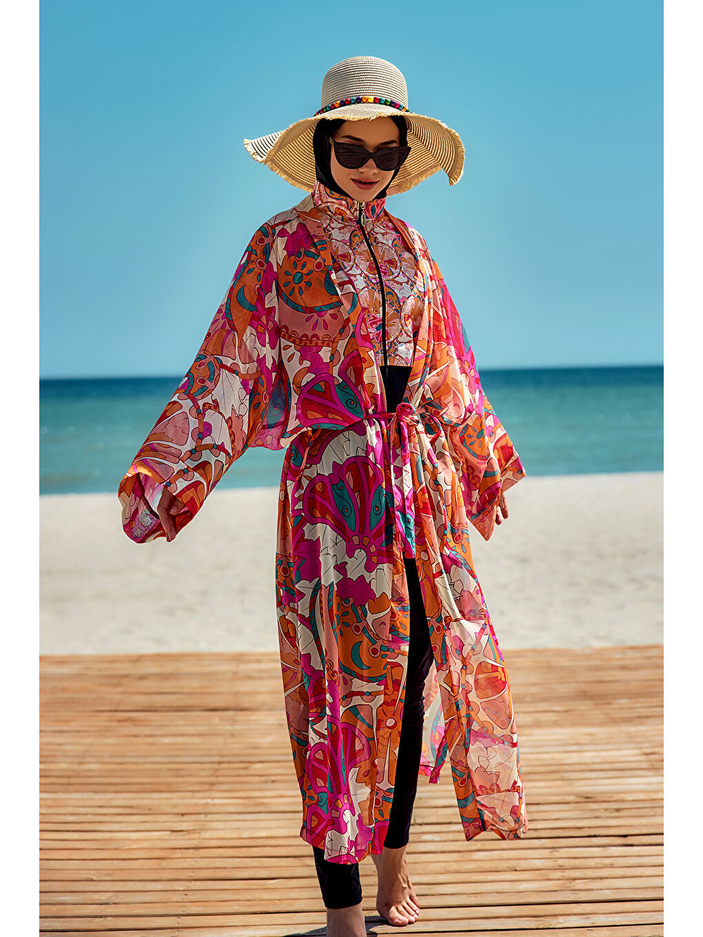 Turuncu Remsa Tesettür Mayo Üzerine Tek Kaftan Kimono Pareo Oranj RP034 Festival