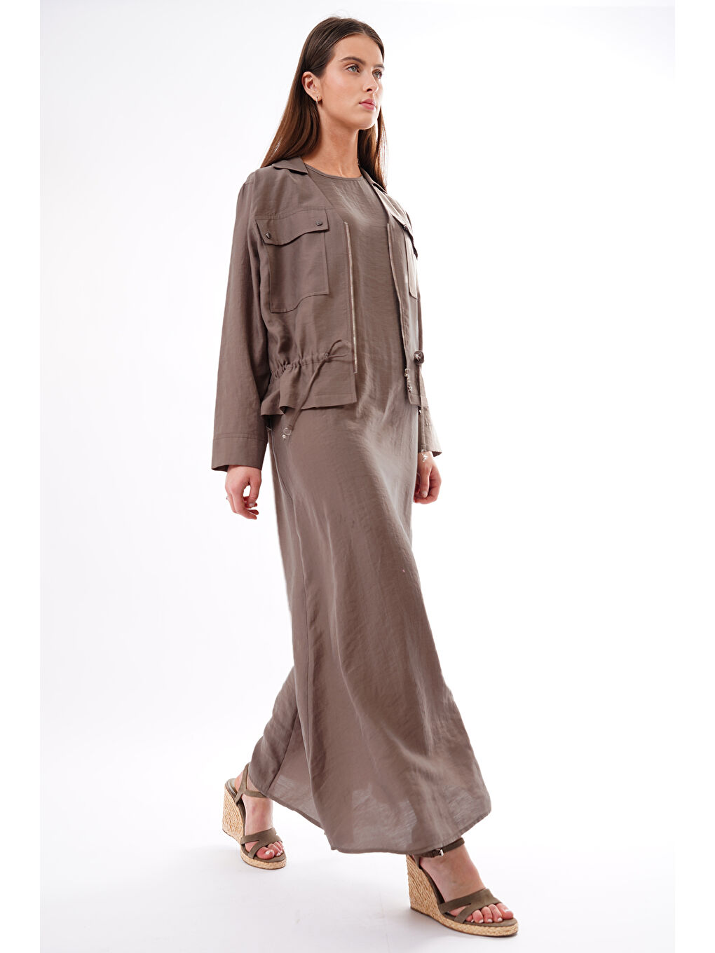 Bej Beli Büzgülü ve Fermuar Detay Safari Bolerolu Elbise 909 Vizon-1