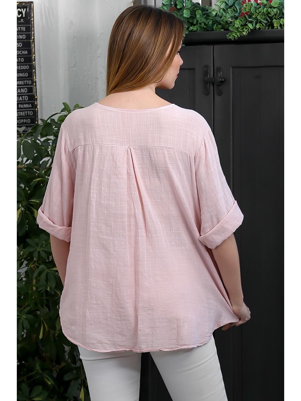 İtalyan Pembe Patlı Yaka 3/4 Kol Düğmeli Casual Keten Karışımlı Dokuma Bluz-7