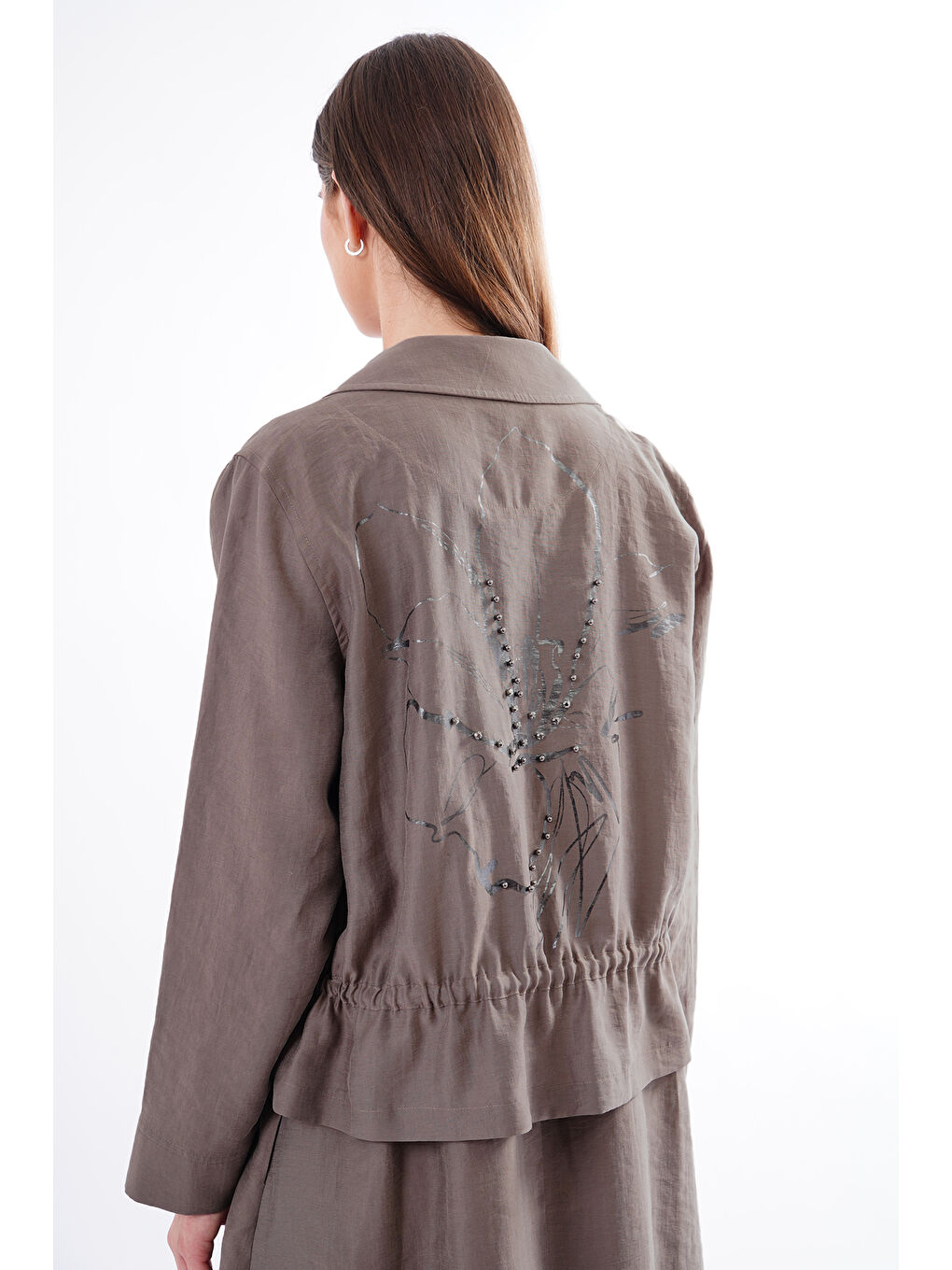 Bej Beli Büzgülü ve Fermuar Detay Safari Bolerolu Elbise 909 Vizon-2