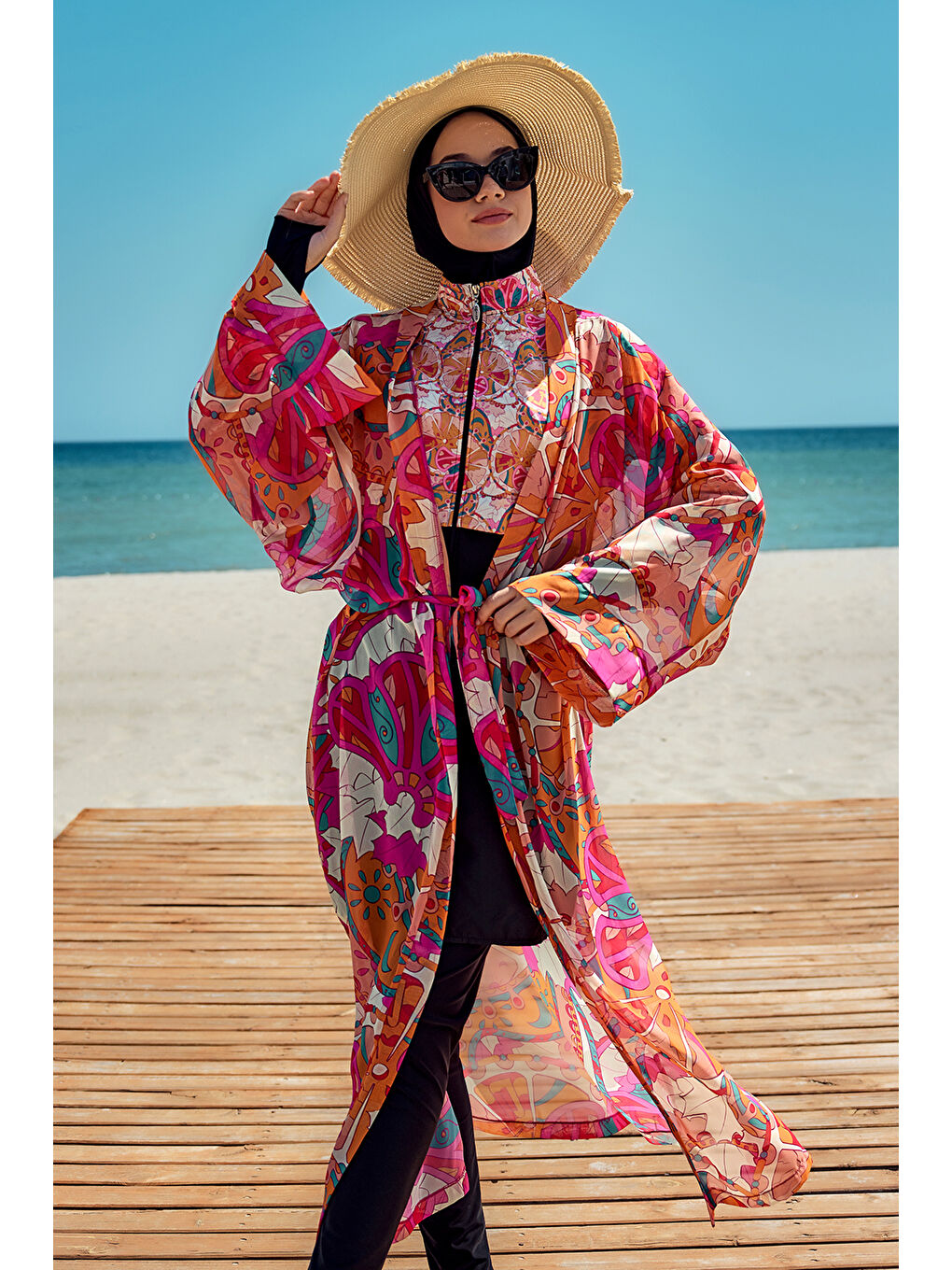 Turuncu Remsa Tesettür Mayo Üzerine Tek Kaftan Kimono Pareo Oranj RP034 Festival-1