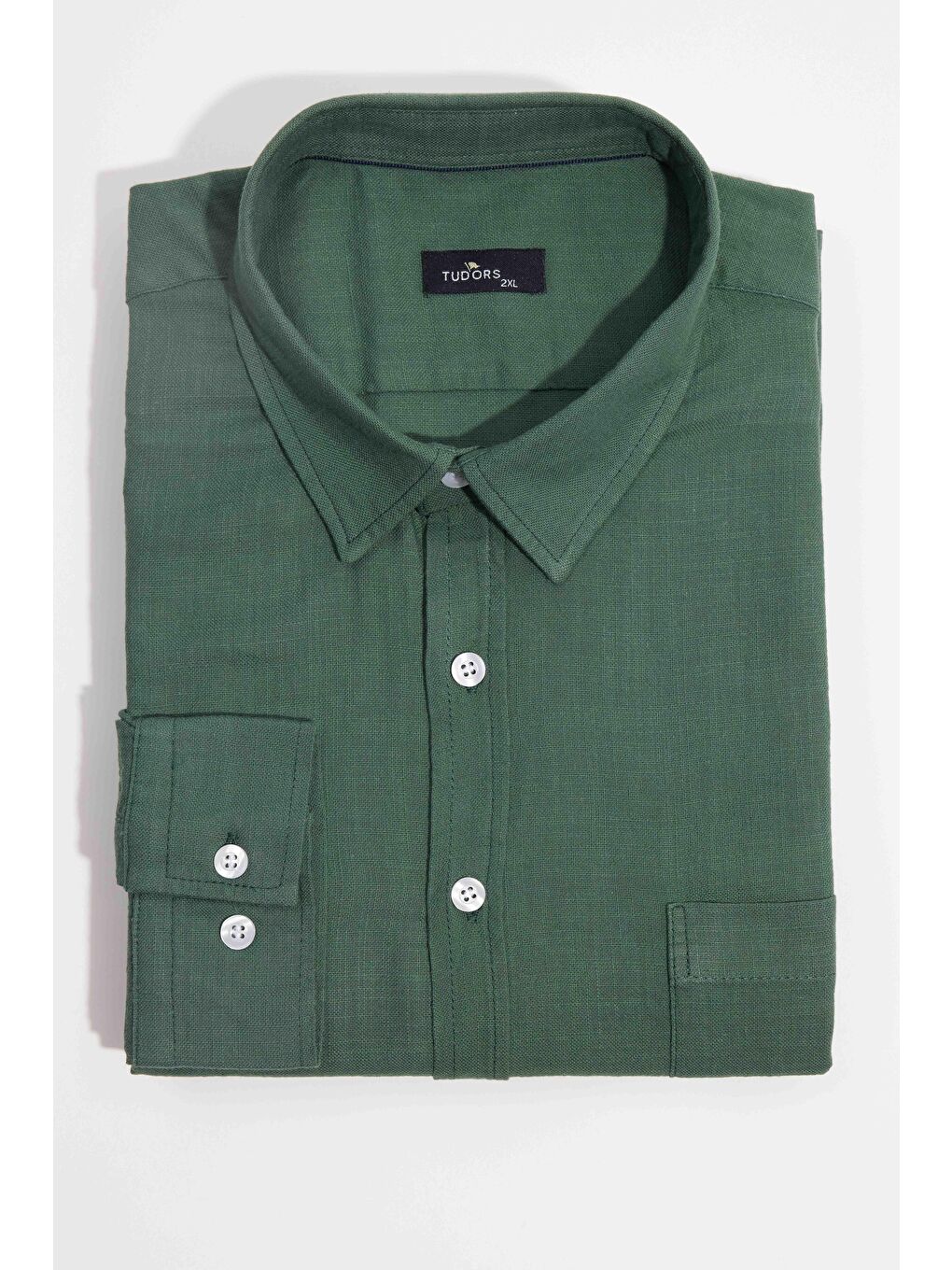 Erkek Big Size Büyük Beden Uzun Kollu %100 Pamuk Keten Doku Tek Cepli Haki Düğmeli Yaka Gömlek