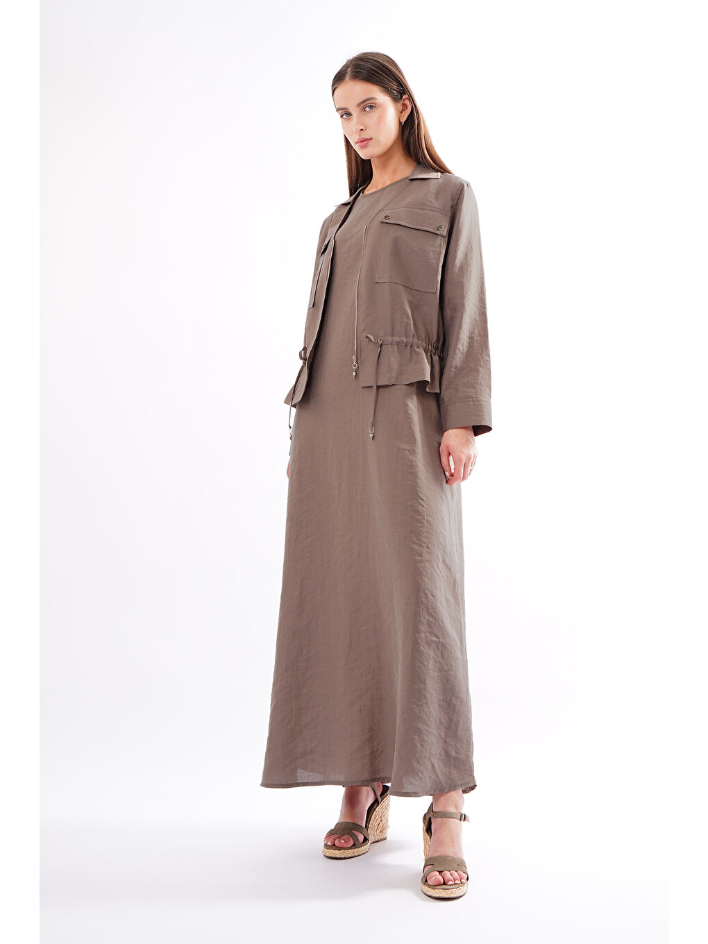 Bej Beli Büzgülü ve Fermuar Detay Safari Bolerolu Elbise 909 Vizon-3