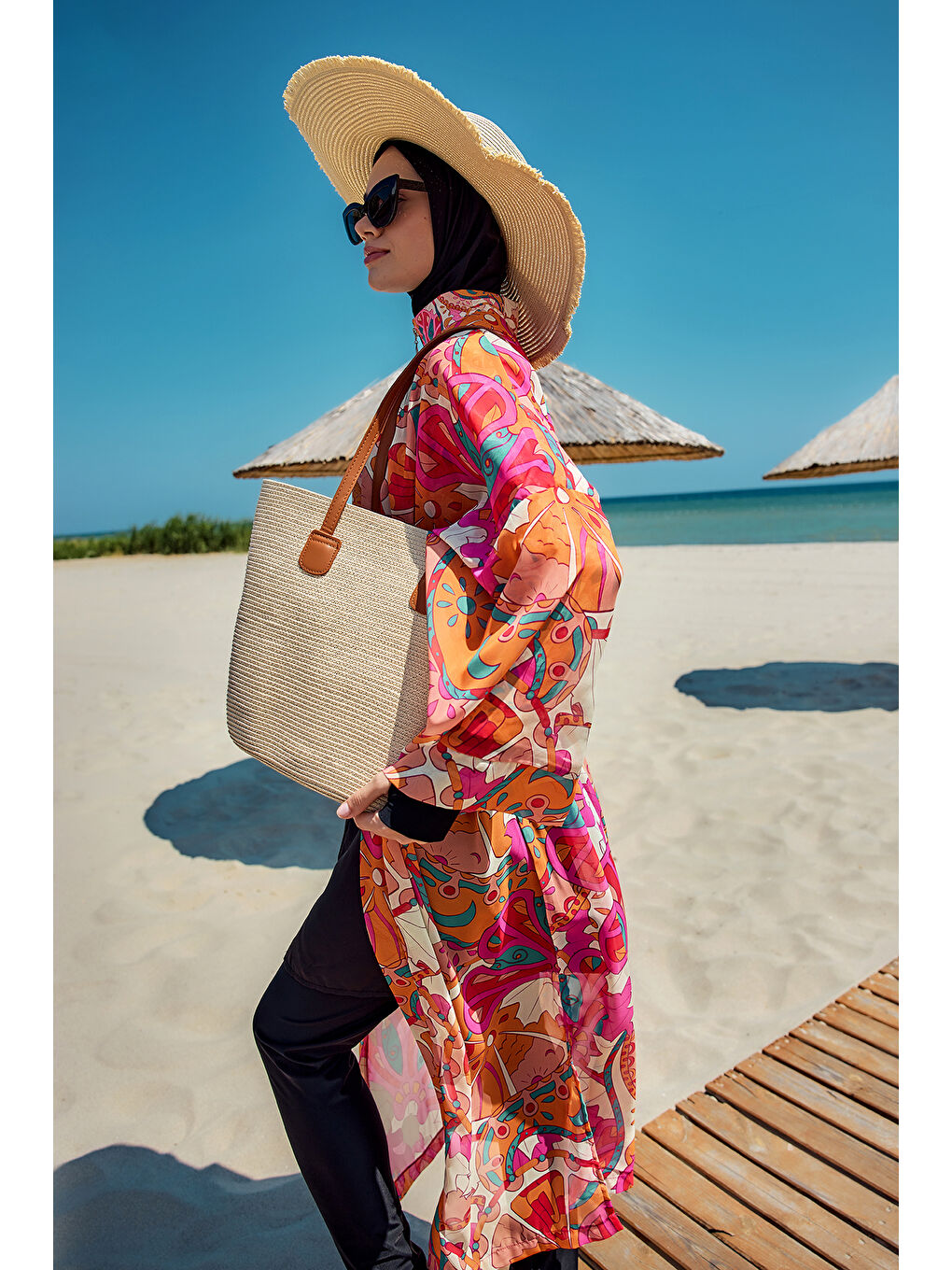 Turuncu Remsa Tesettür Mayo Üzerine Tek Kaftan Kimono Pareo Oranj RP034 Festival-2