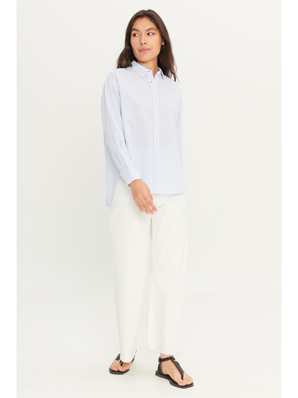 Yeşil Regular Fit Normal Kesim Keten Karışımlı Çizgili Mavi Gömlek-2