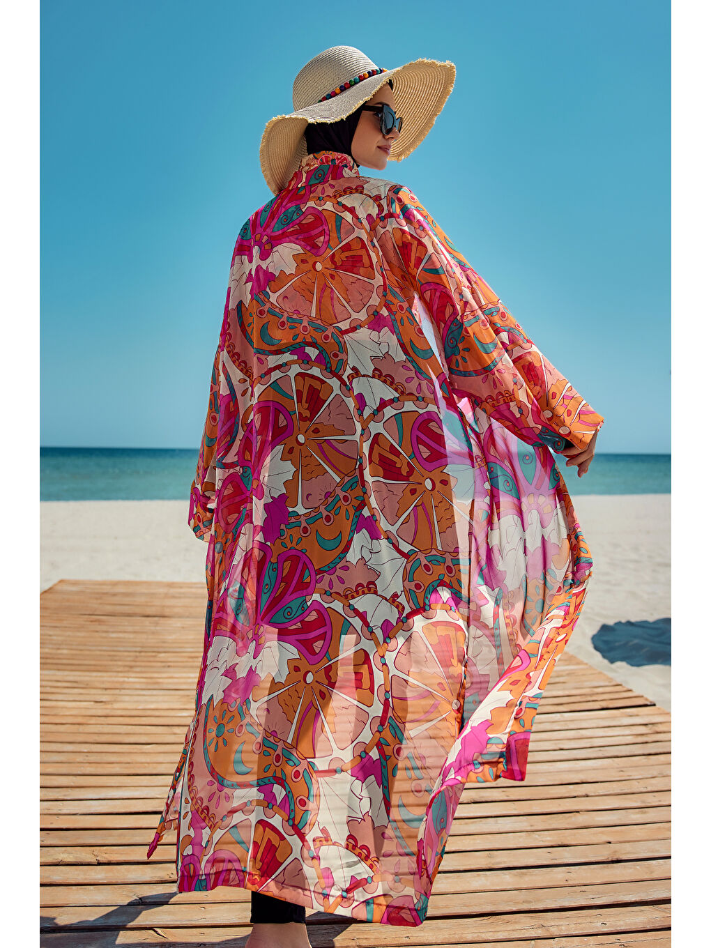 Turuncu Remsa Tesettür Mayo Üzerine Tek Kaftan Kimono Pareo Oranj RP034 Festival-3