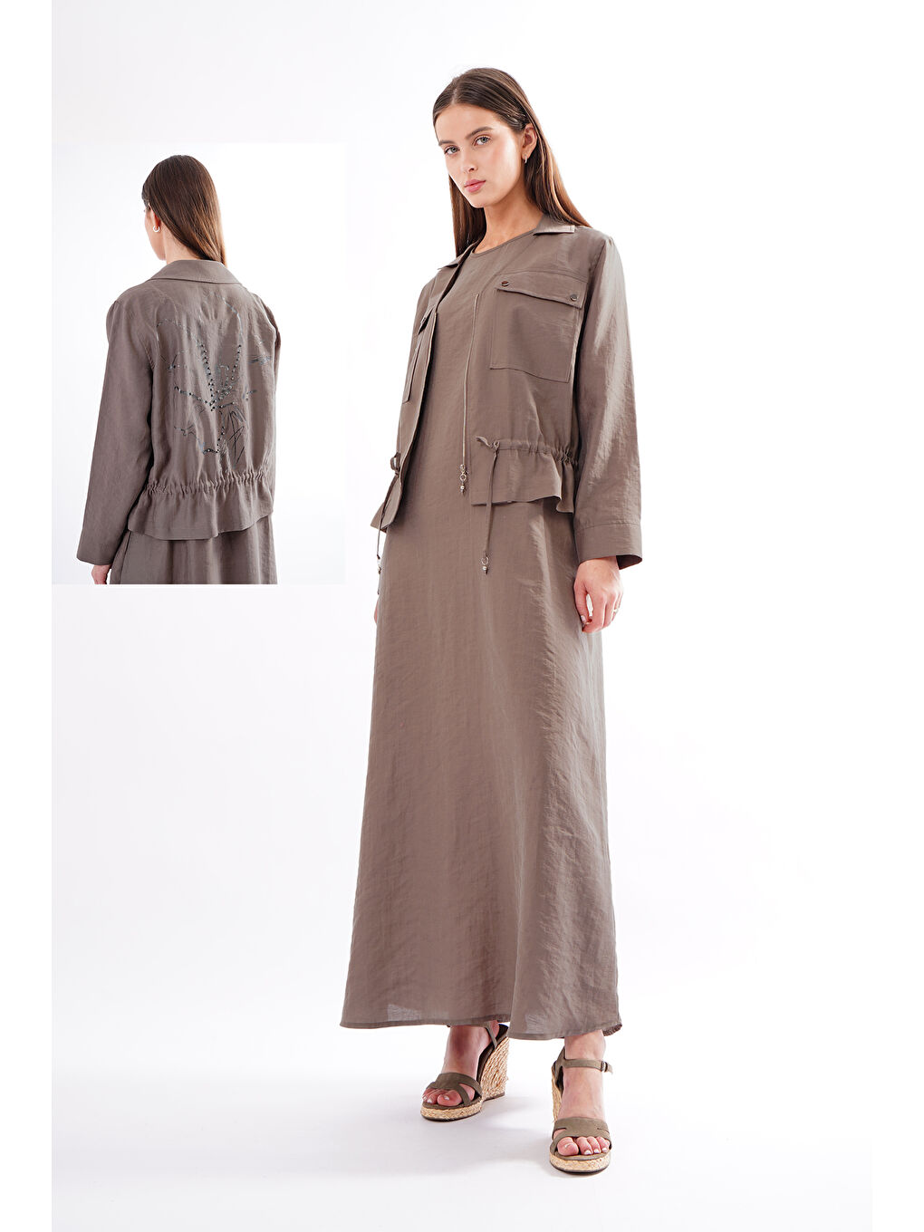 Bej Beli Büzgülü ve Fermuar Detay Safari Bolerolu Elbise 909 Vizon-4