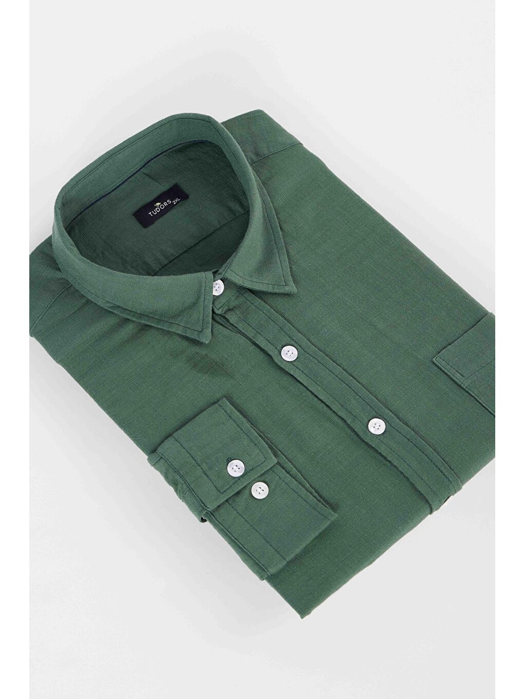 Erkek Big Size Büyük Beden Uzun Kollu %100 Pamuk Keten Doku Tek Cepli Haki Düğmeli Yaka Gömlek-1