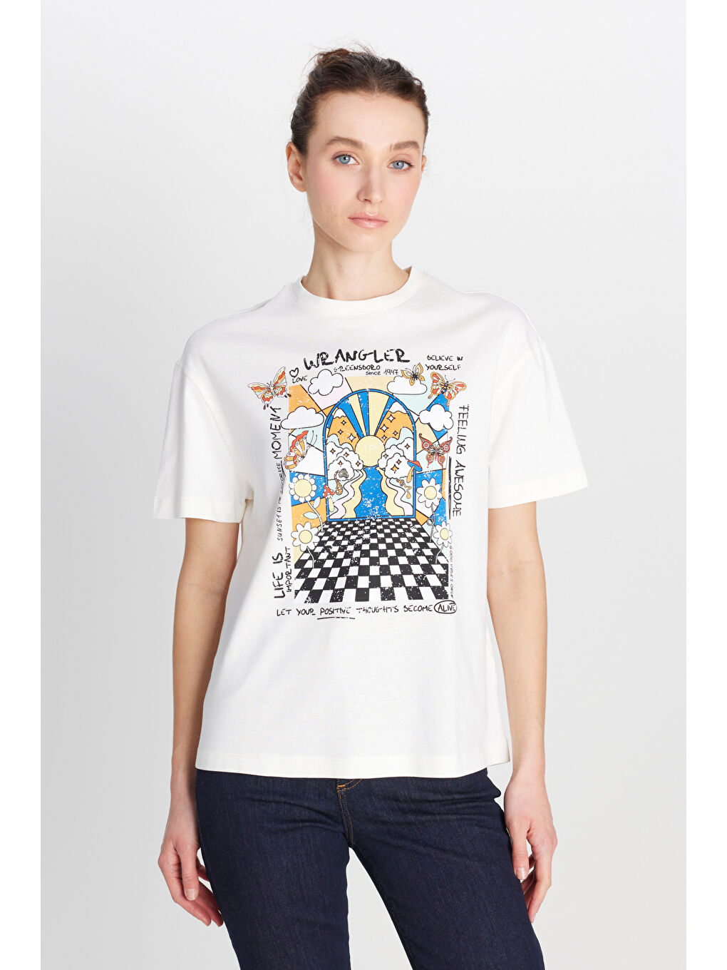 Relaxed Fit Geniş Kesim Bisiklet Yaka %100 Pamuk Kırık Beyaz Tişört