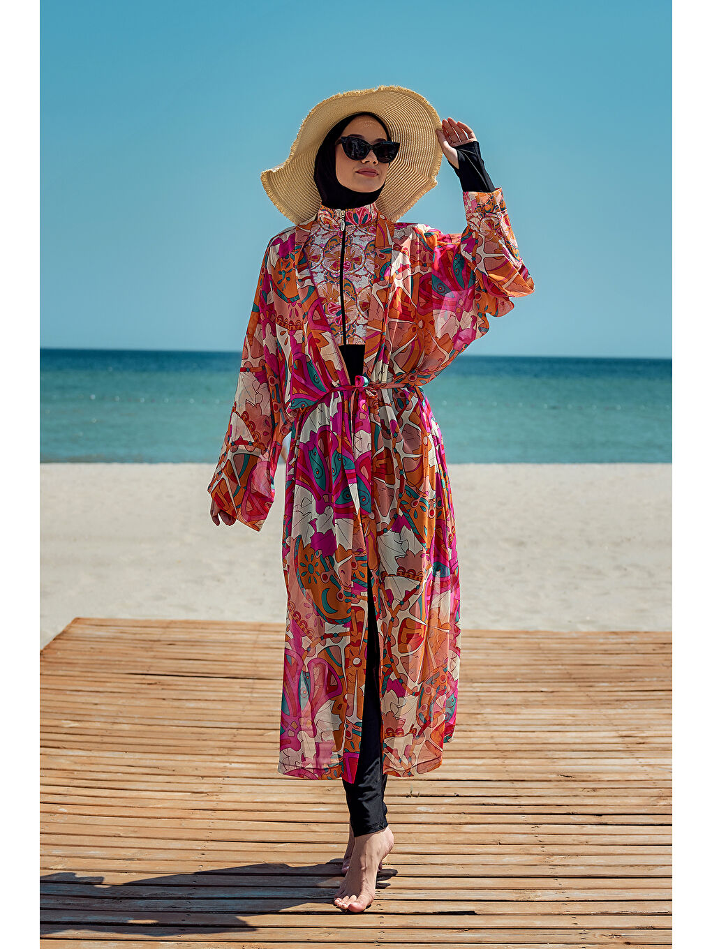 Turuncu Remsa Tesettür Mayo Üzerine Tek Kaftan Kimono Pareo Oranj RP034 Festival-4