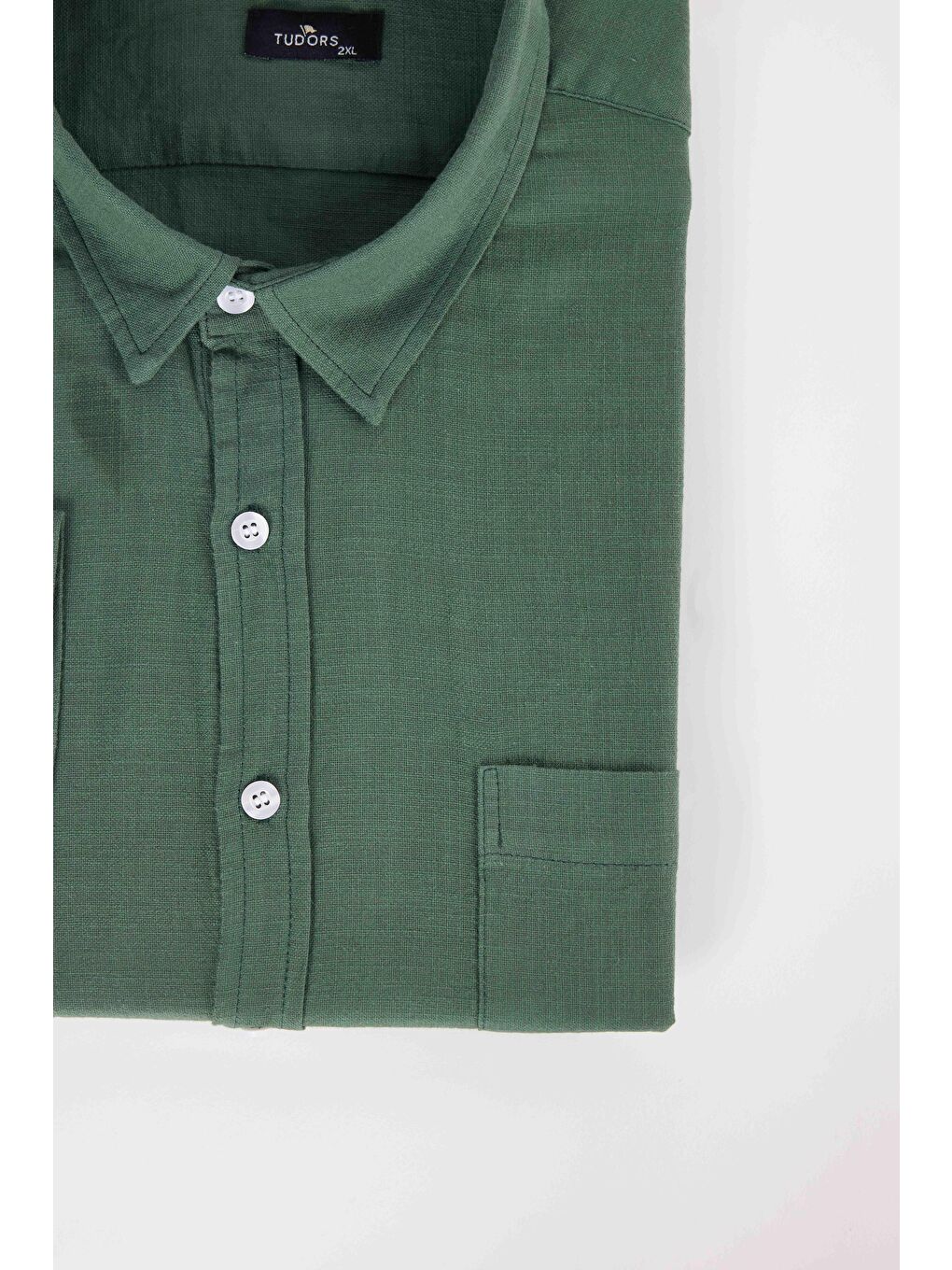 Erkek Big Size Büyük Beden Uzun Kollu %100 Pamuk Keten Doku Tek Cepli Haki Düğmeli Yaka Gömlek-2