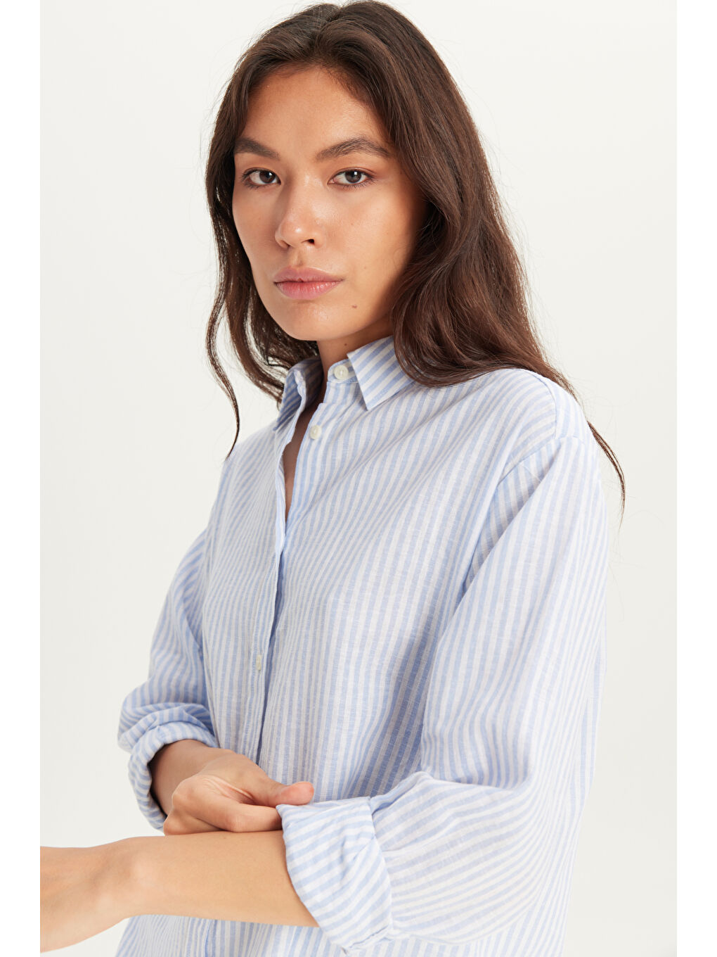 Yeşil Regular Fit Normal Kesim Keten Karışımlı Çizgili Mavi Gömlek-3