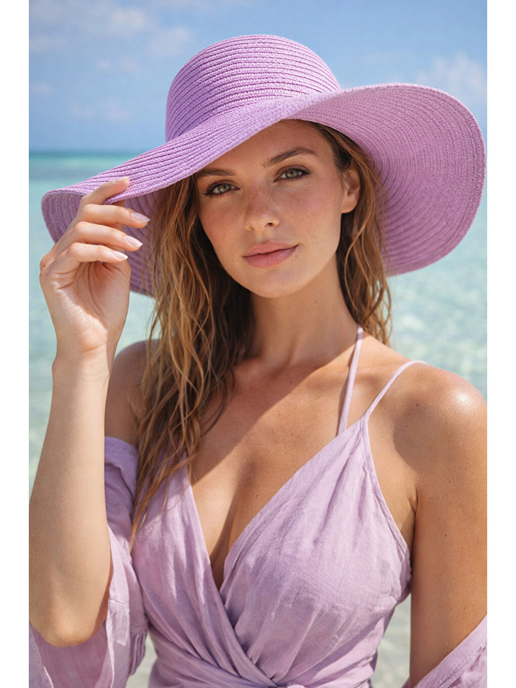 Hasır Geniş Kenarlı Lila Örgü Desenli Moda Ve Fonksiyonel Şapka Güneşten Koruma Hsr2005 PEMBE