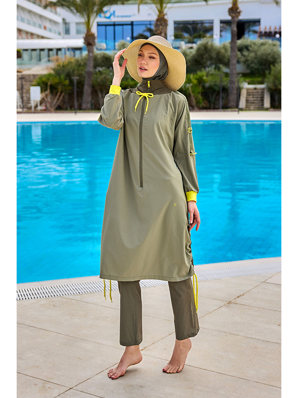 Yeşil Tam Kapalı Tesettür Mayo Su Tahliye Panelli M2524-1