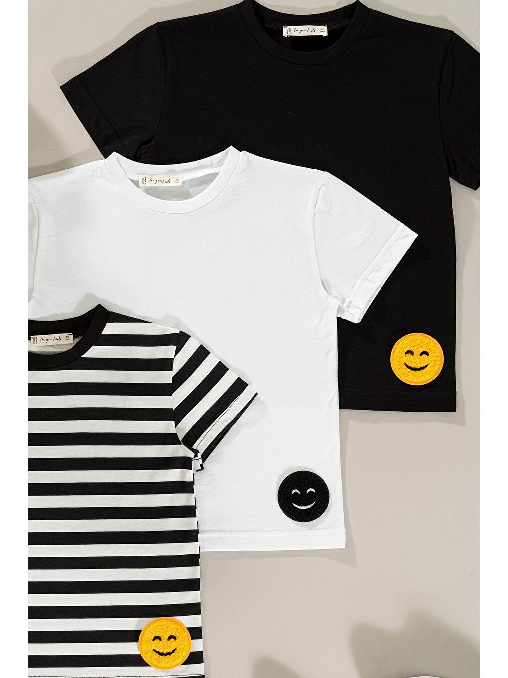 For You Kids Siyah-Beyaz 3'lü Emoji Detaylı Siyah Beyaz Çizgili Erkek Çocuk Tshirt - 1