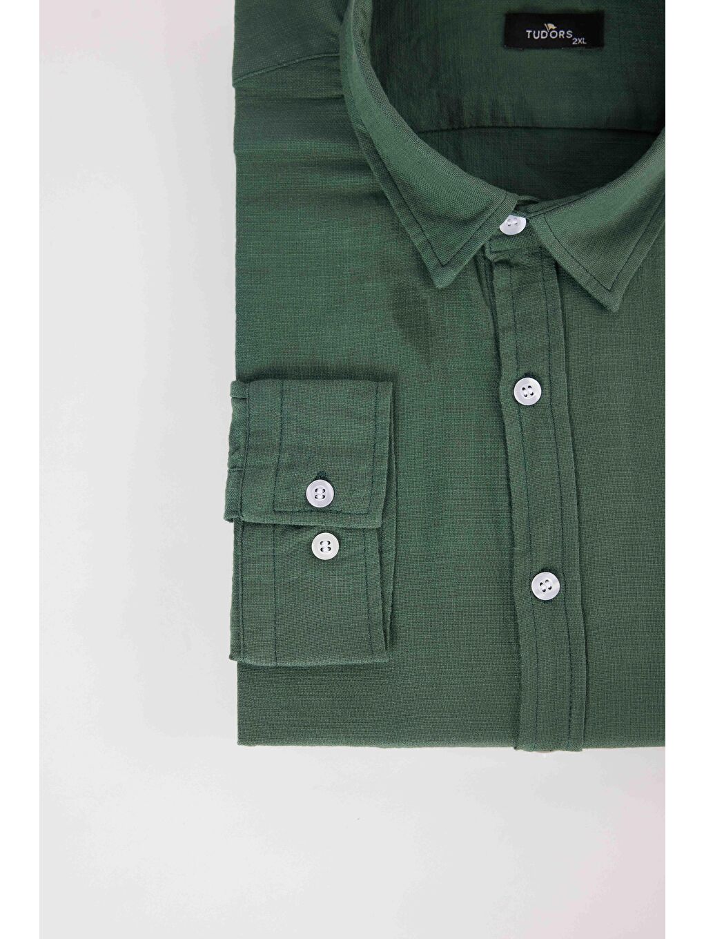 Erkek Big Size Büyük Beden Uzun Kollu %100 Pamuk Keten Doku Tek Cepli Haki Düğmeli Yaka Gömlek-3