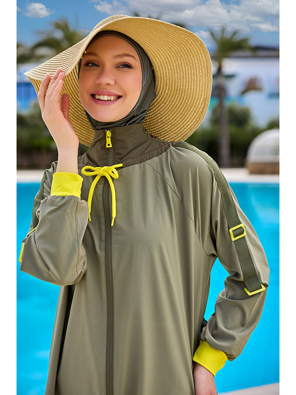 Yeşil Tam Kapalı Tesettür Mayo Su Tahliye Panelli M2524-2