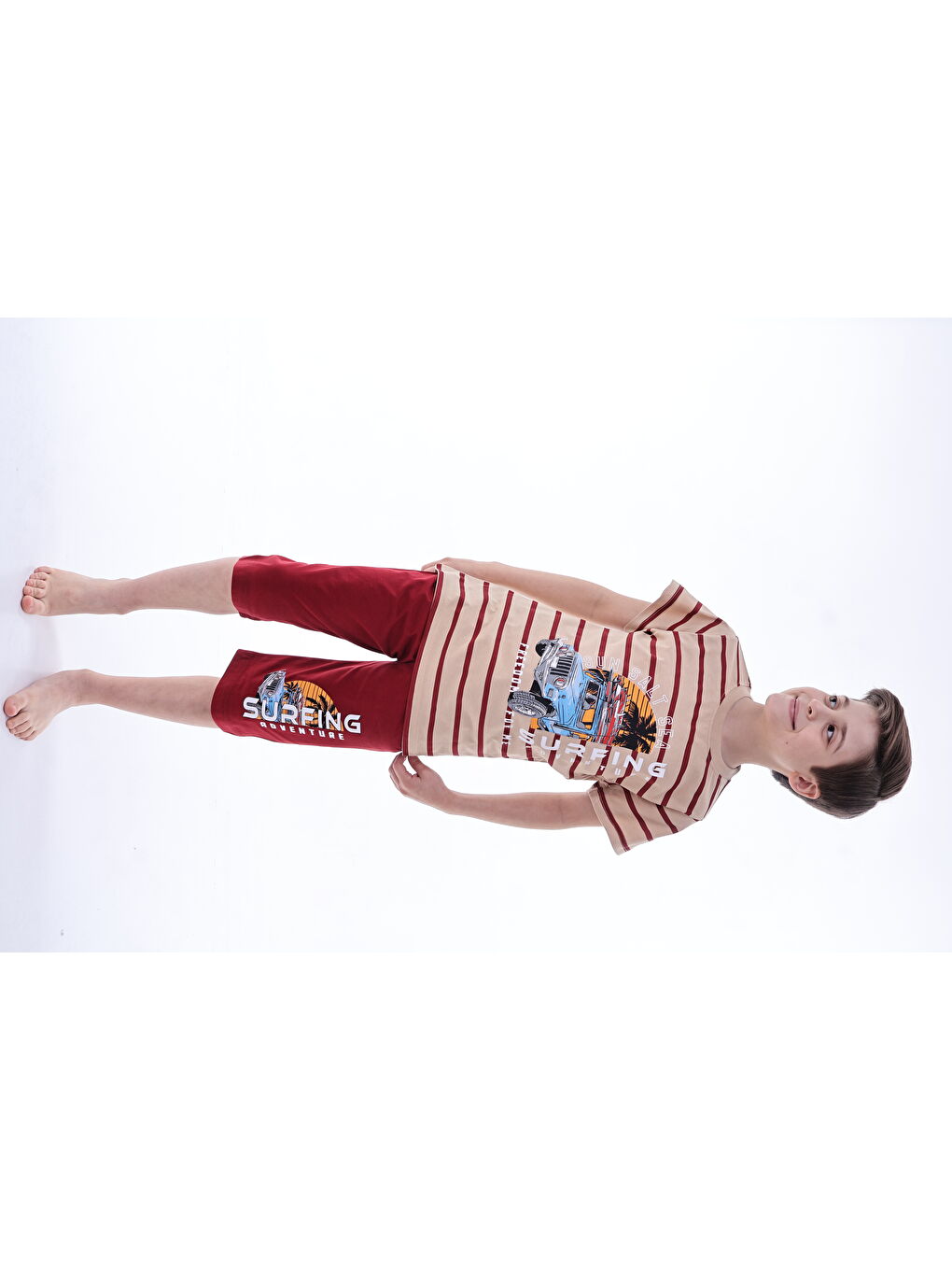 Bordo Erkek Çocuk %100 Doğal Pamuk Kısa Kollu  Kaprili Pijama Takımı