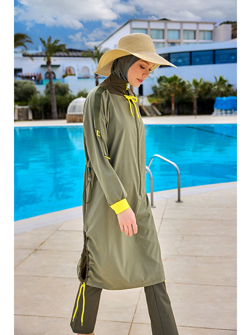 Yeşil Tam Kapalı Tesettür Mayo Su Tahliye Panelli M2524-3