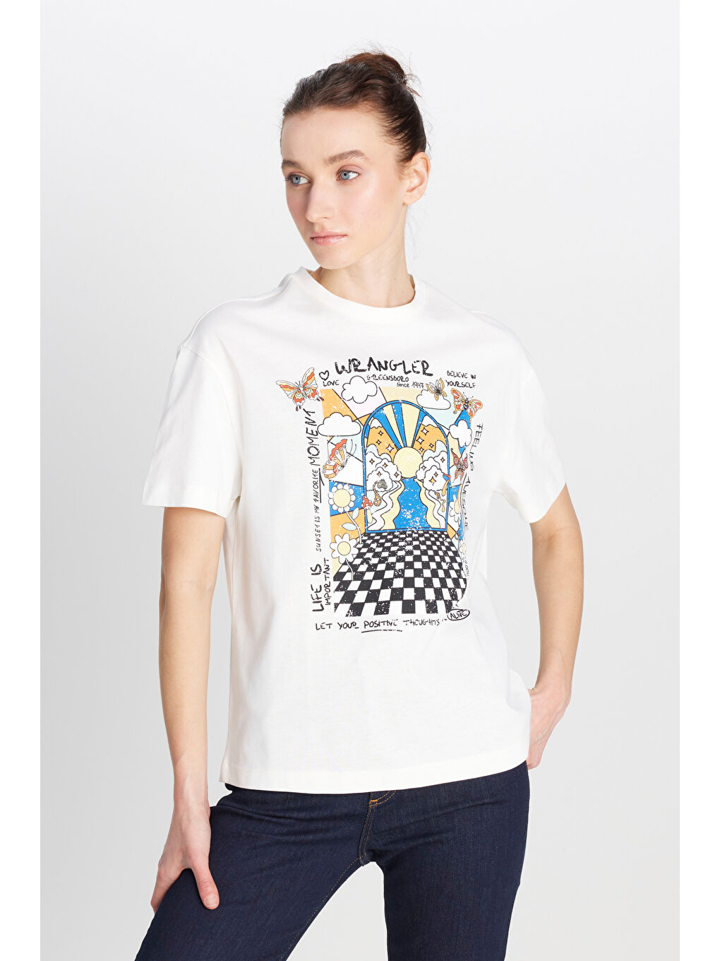 Relaxed Fit Geniş Kesim Bisiklet Yaka %100 Pamuk Kırık Beyaz Tişört-1