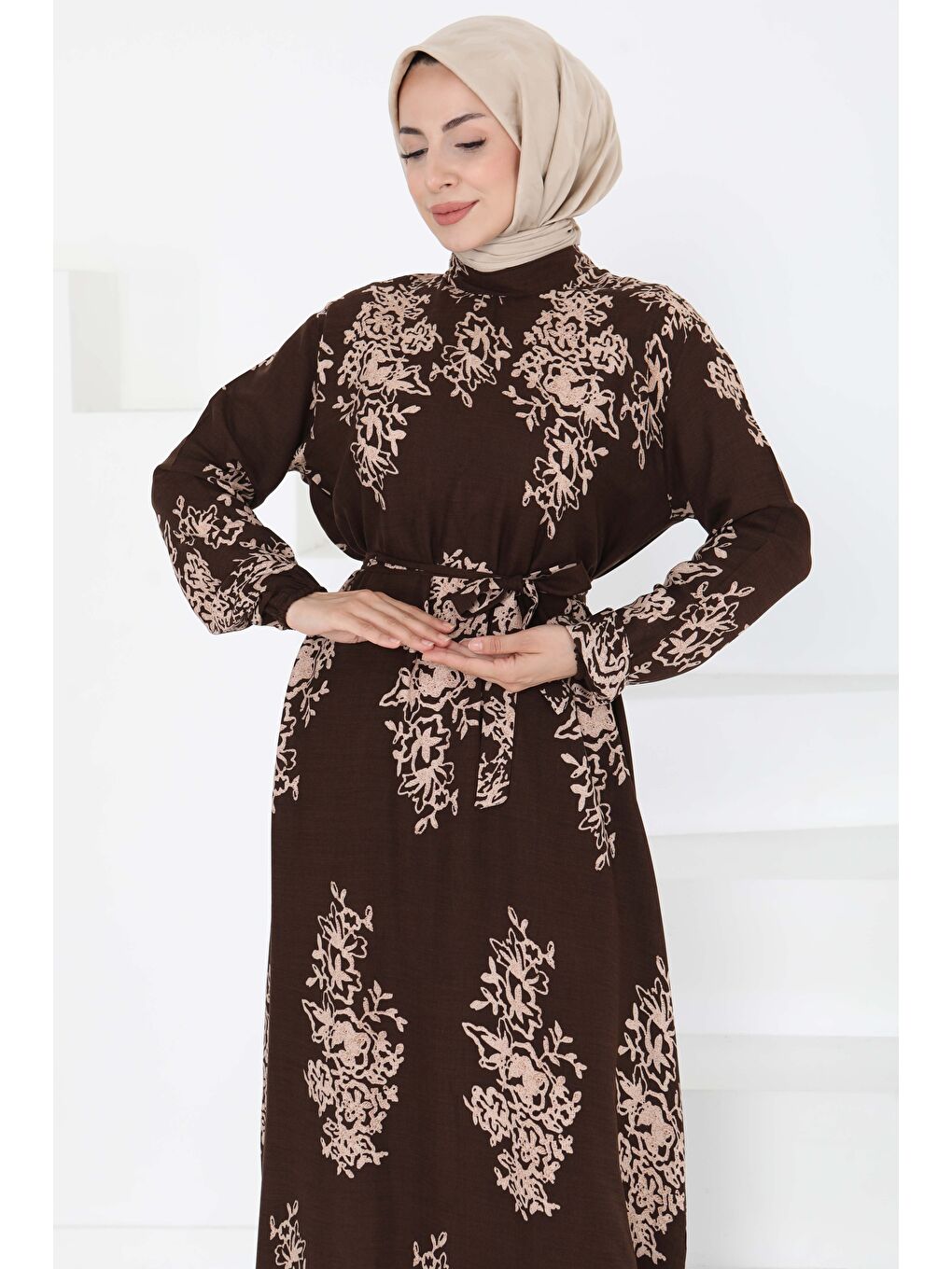 Kahverengi Kuşaklı Desenli Elbise Kahve - 27191