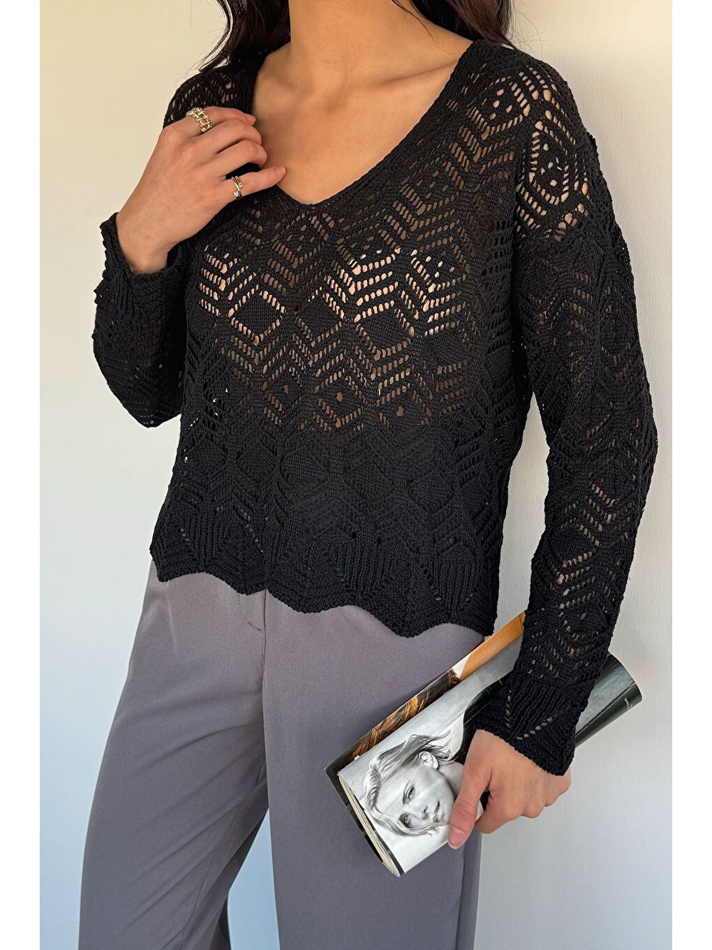 Siyah Kadın V Yaka Ajurlu Triko Bluz-2
