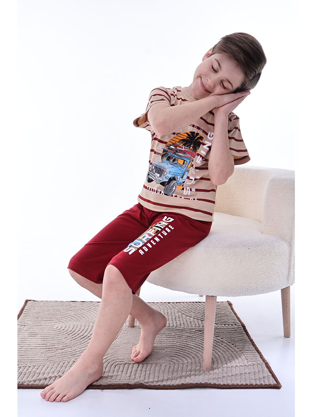 Bordo Erkek Çocuk %100 Doğal Pamuk Kısa Kollu  Kaprili Pijama Takımı-2