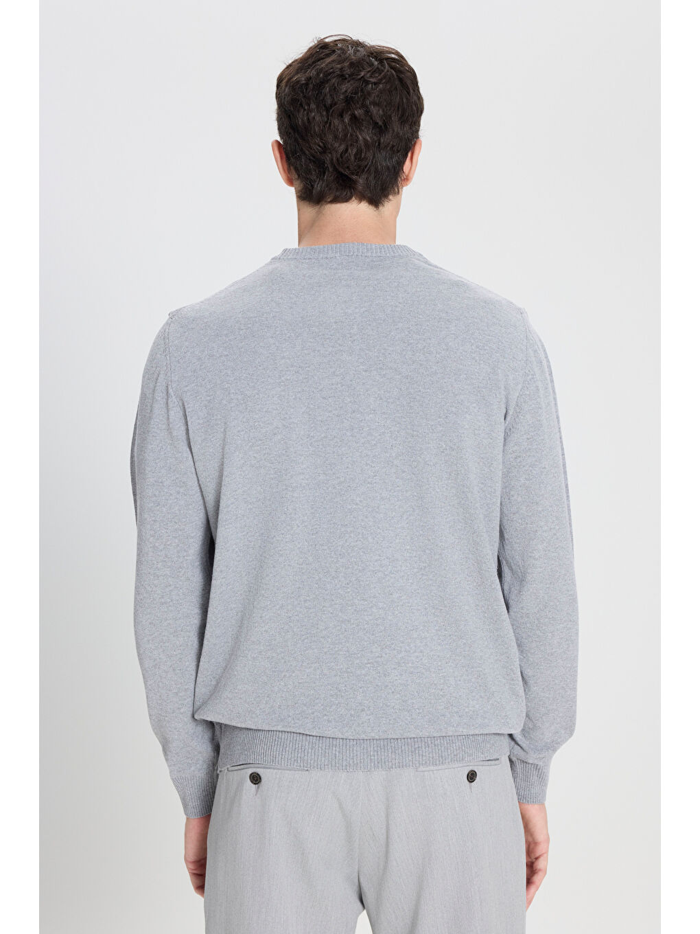 Erkek Gri Melanj Pamuklu Standart Fit Normal Kesim Bisiklet Yaka Jakarlı Triko Kazak-5