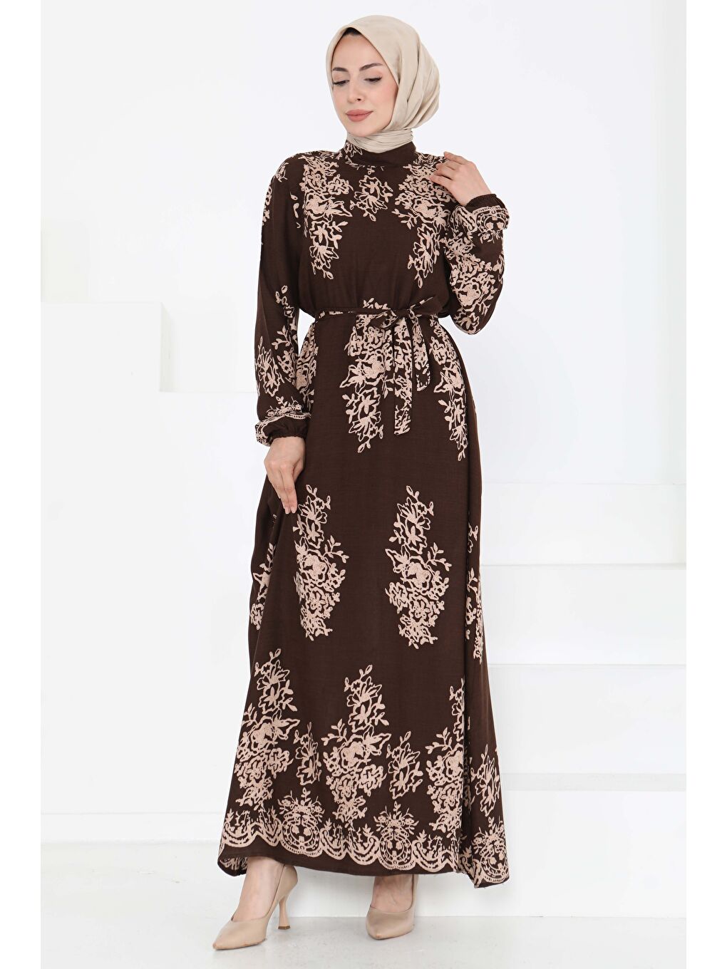 Kahverengi Kuşaklı Desenli Elbise Kahve - 27191-3