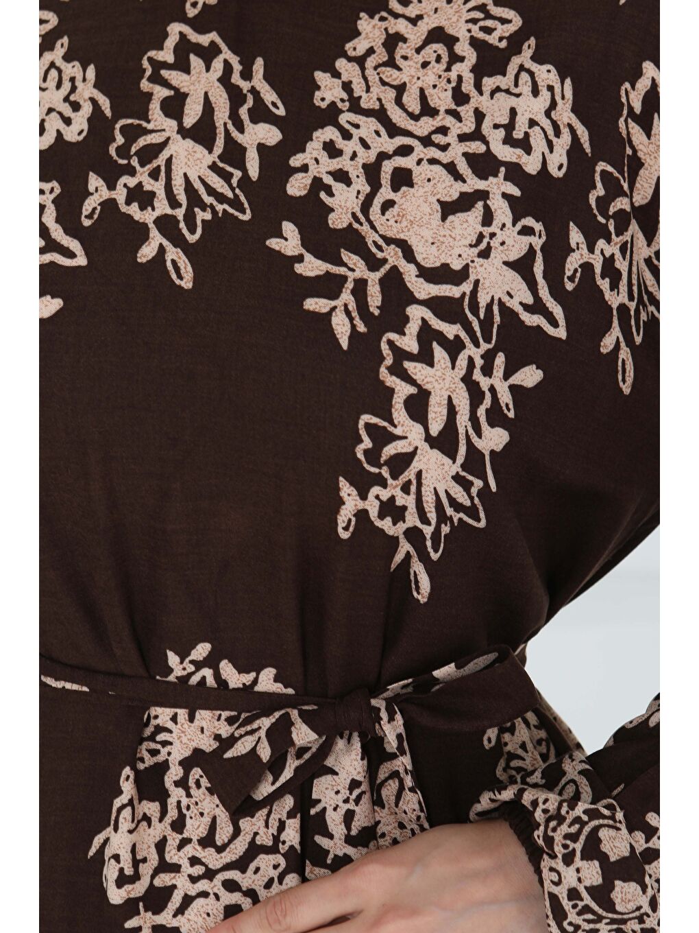 Kahverengi Kuşaklı Desenli Elbise Kahve - 27191-4