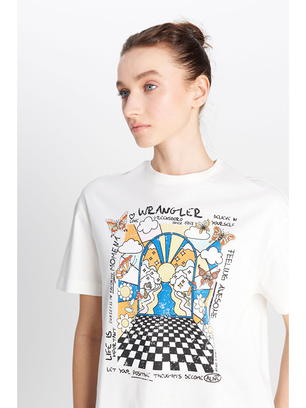 Relaxed Fit Geniş Kesim Bisiklet Yaka %100 Pamuk Kırık Beyaz Tişört-2