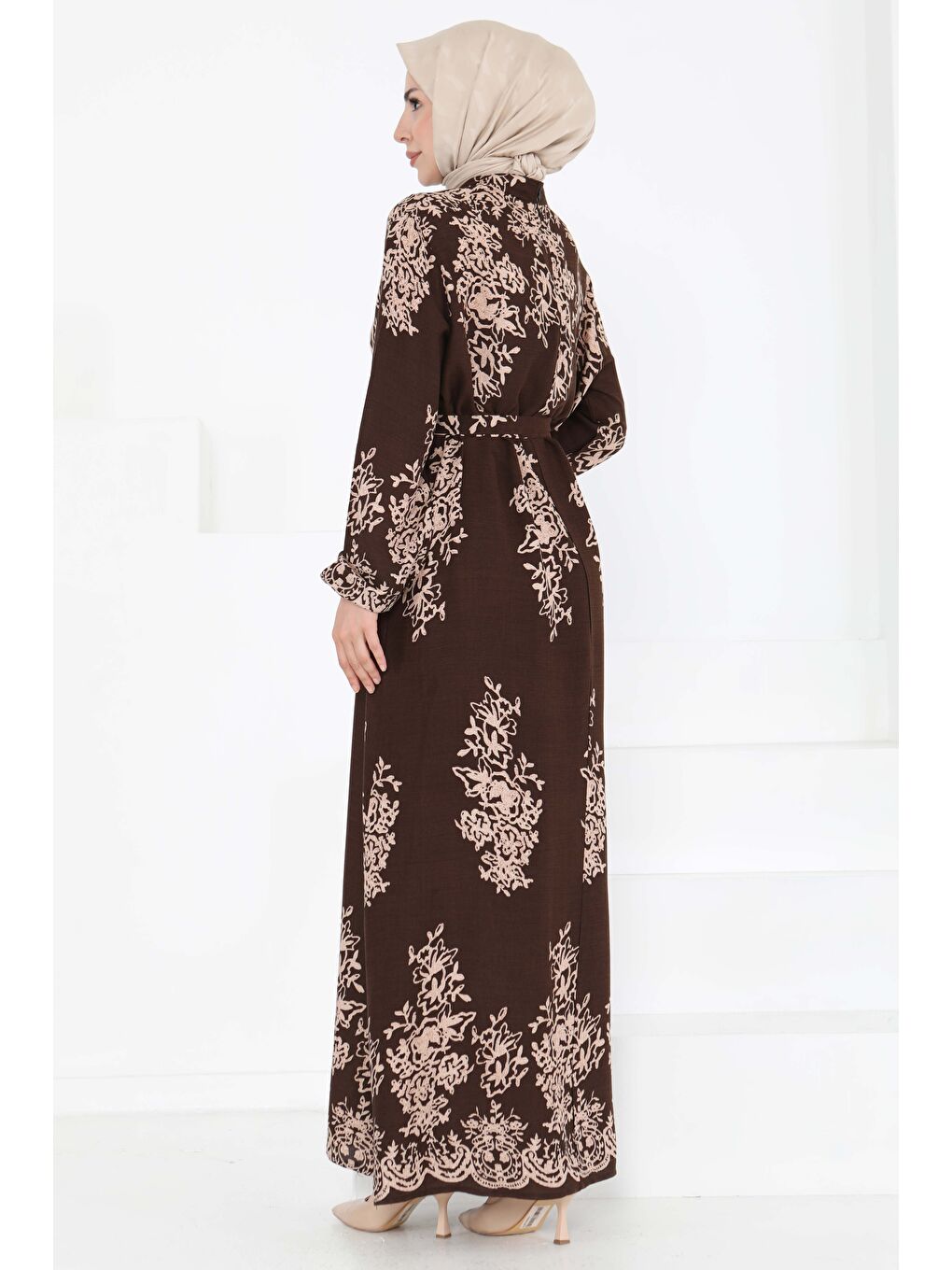 Kahverengi Kuşaklı Desenli Elbise Kahve - 27191-5