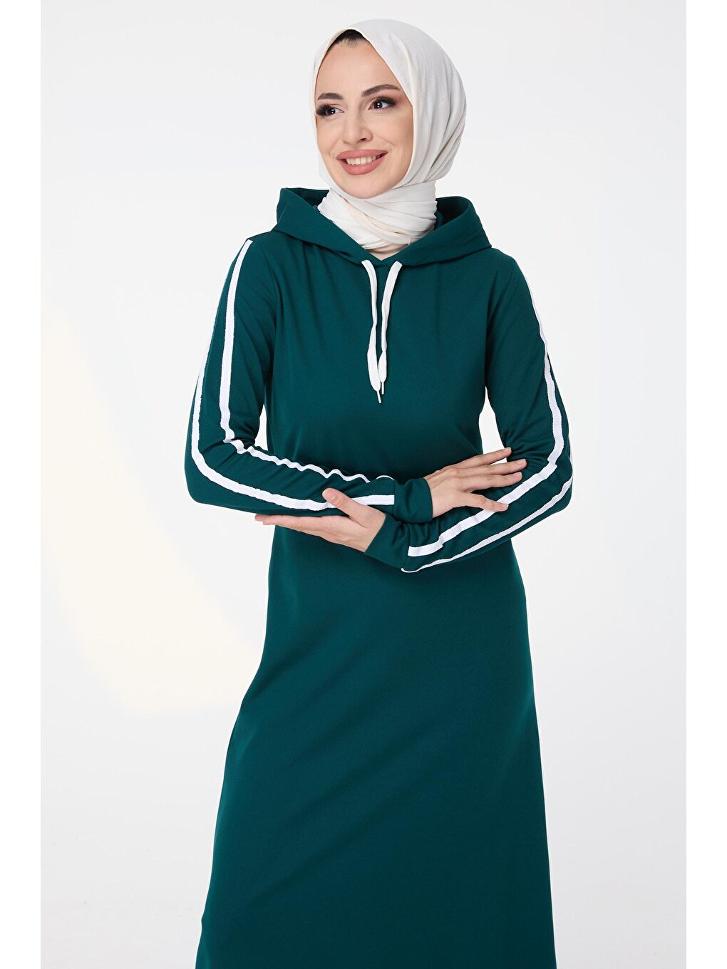 Kapüşonlu Yaka Kadın Yeşil Elbise - 13040-3