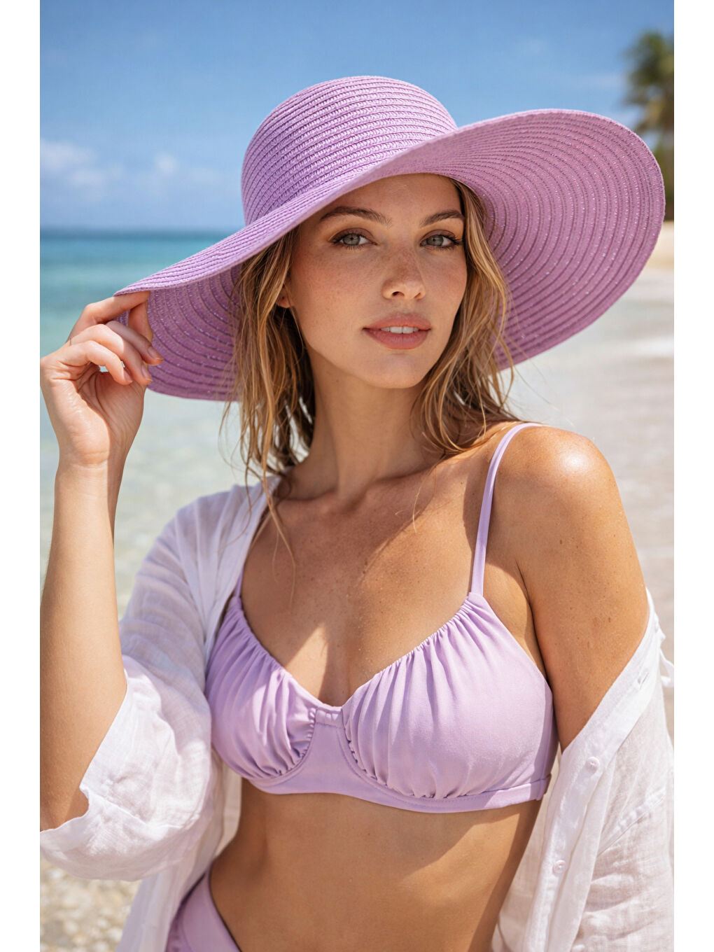 Hasır Geniş Kenarlı Lila Örgü Desenli Moda Ve Fonksiyonel Şapka Güneşten Koruma Hsr2005 PEMBE-1