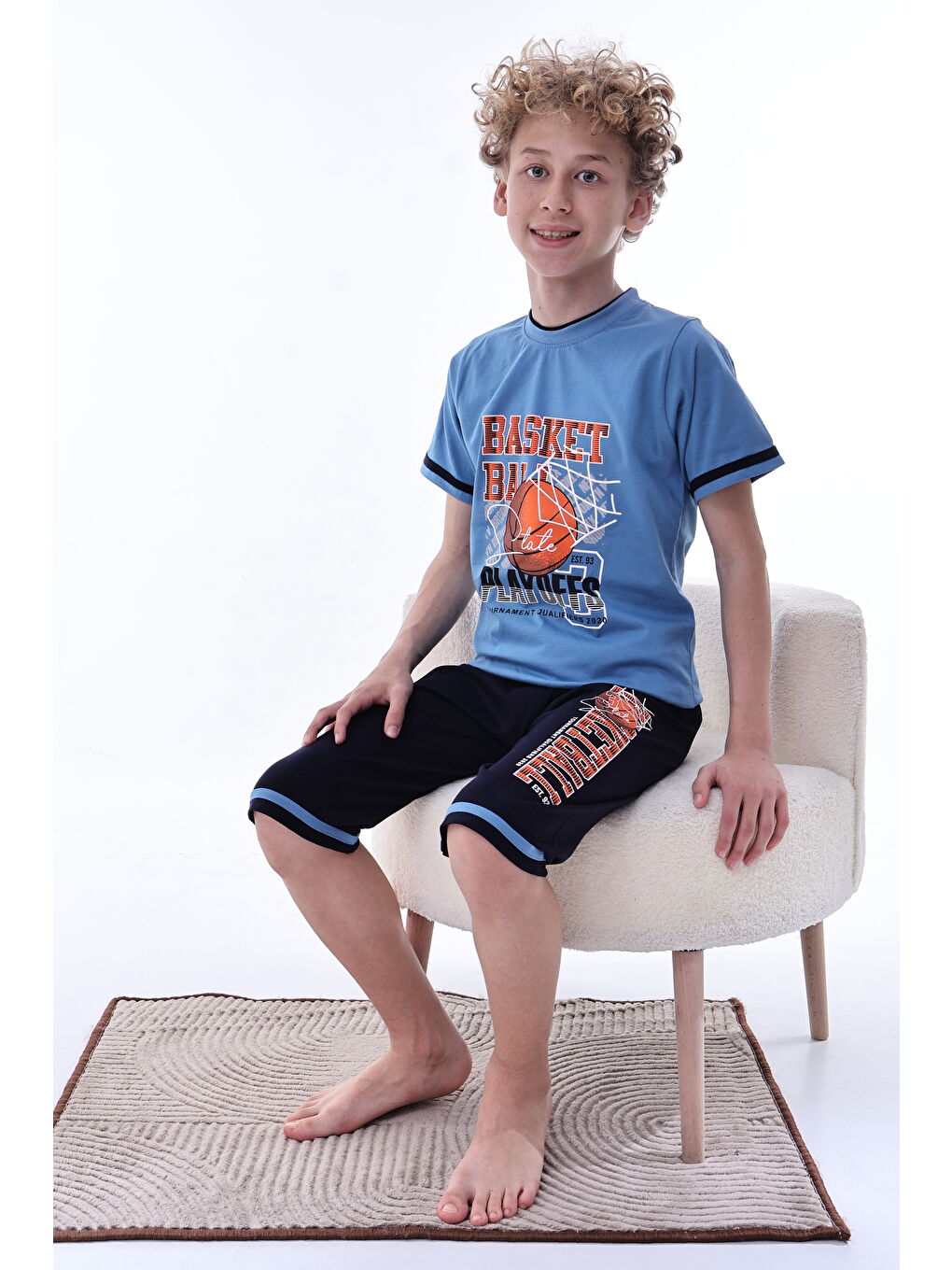 İndigo Erkek Çocuk %100 Doğal Pamuk Kısa Kollu  Kaprili Pijama Takımı-1