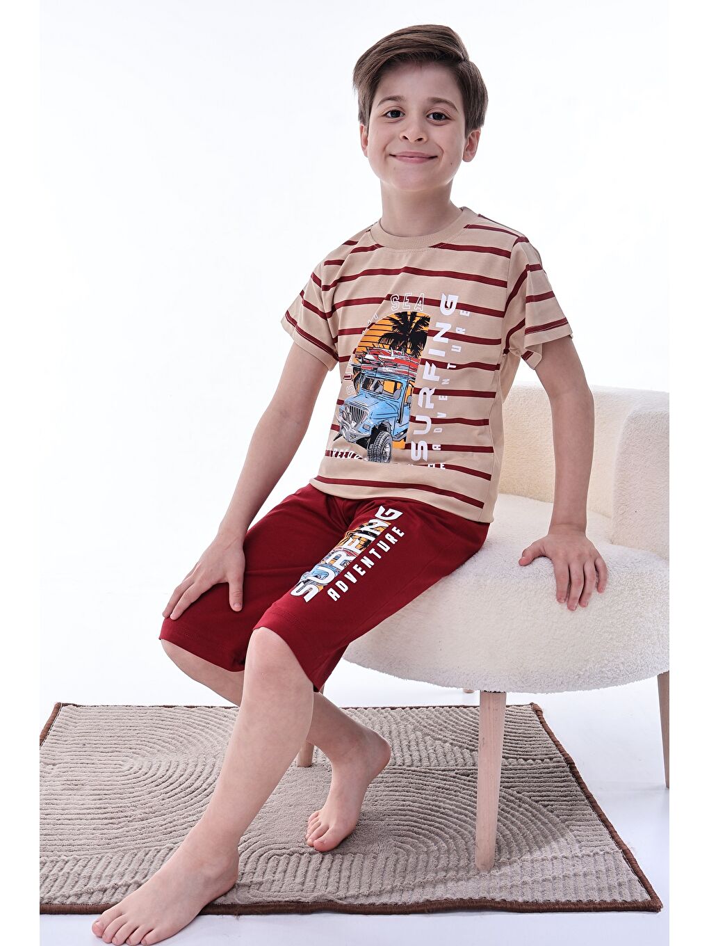 Bordo Erkek Çocuk %100 Doğal Pamuk Kısa Kollu  Kaprili Pijama Takımı-6