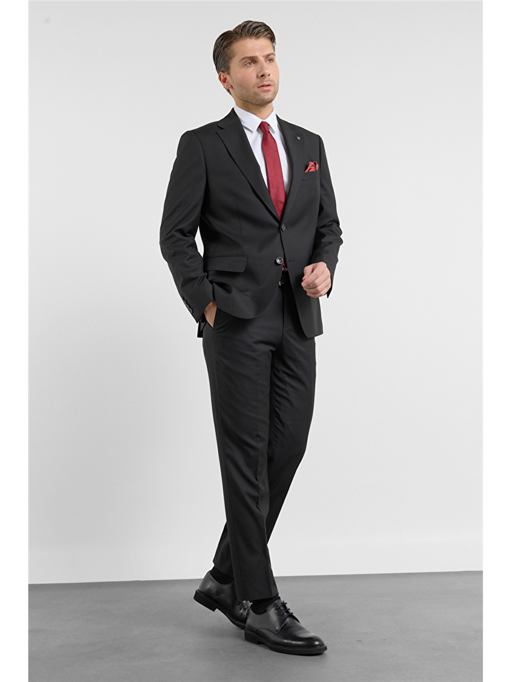 Siyah Mono Yaka Düz Desen 6 Drop Comfort Fit Esnek Bel Takım Elbise 1001260151-1