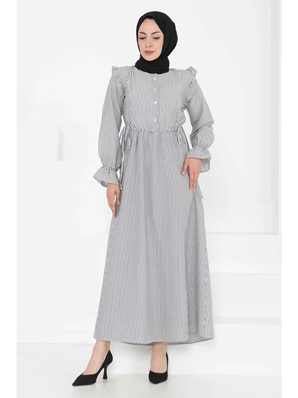 Çizgili Elbise Siyah - 27187